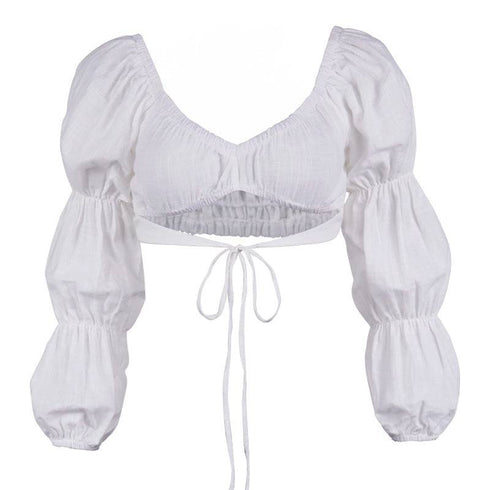 Hollow Puff Sleeve Square Neck Umbilical Strap Top